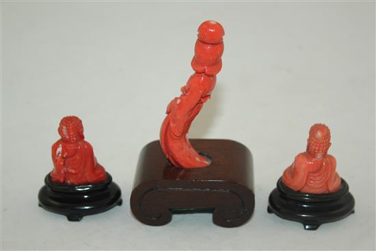 Three Chinese coral figures, wood stands, the lady 8.4cm excl. stand
